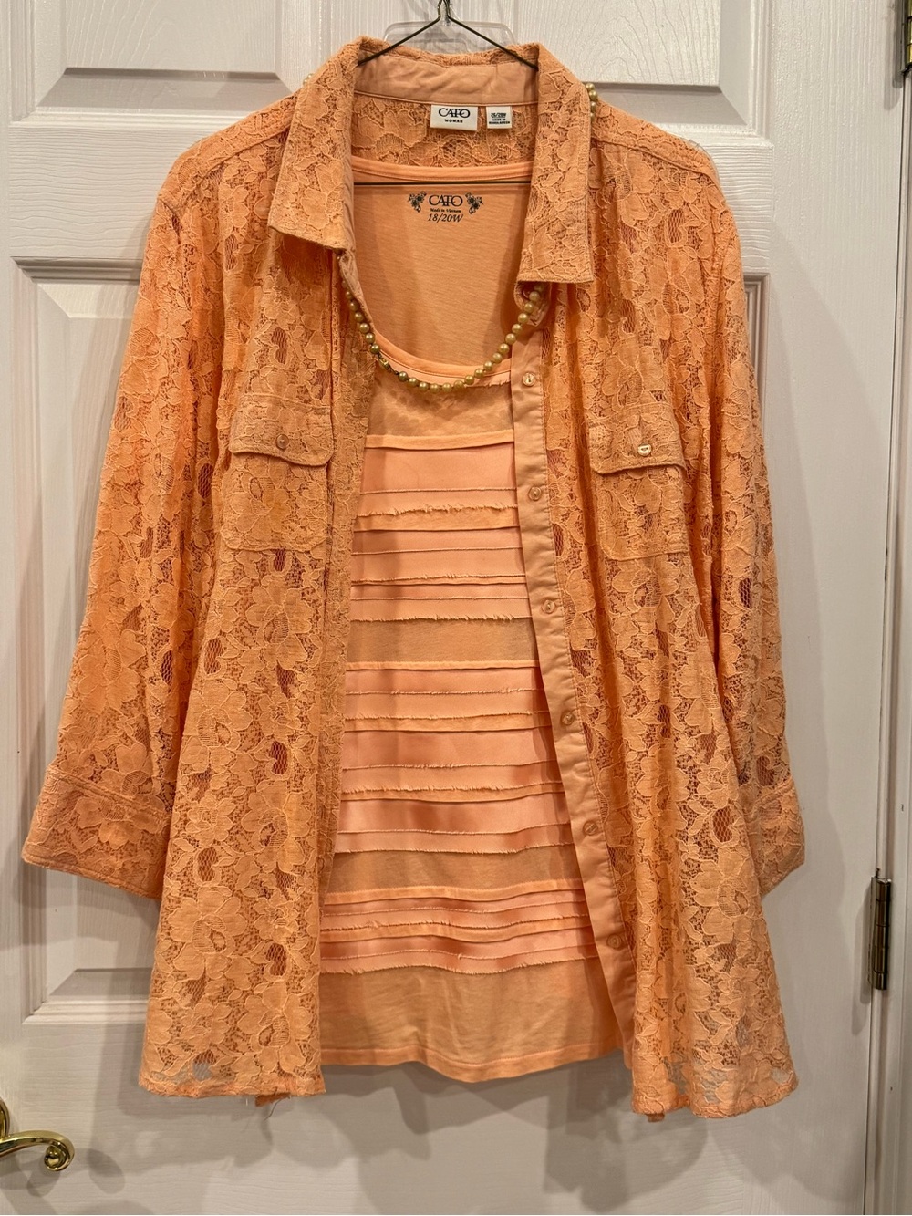 Cato Peach Lace Button-Front Shirt with Layered Tank